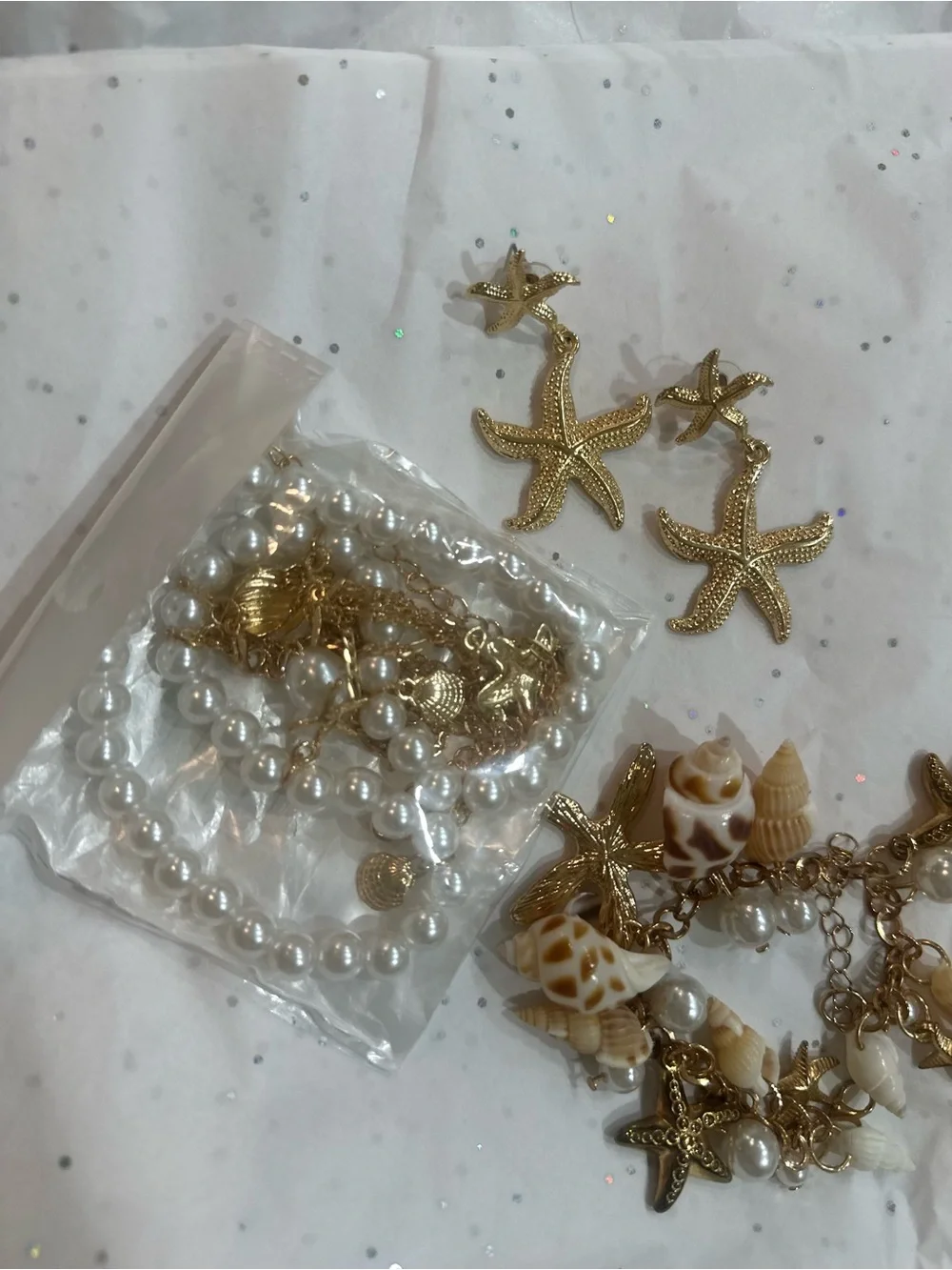 Gold Starfish & Shell Charm Bracelet , necklace and earrings s- Women Accessorie